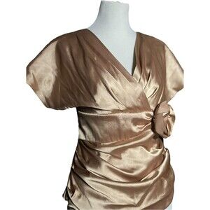 NWT Victor Costa Size 4 Gold Rosette Satin Top Ruched Flutter Sleeve VTG Formal